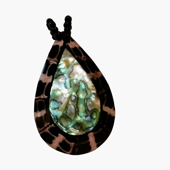 Tear Drop Abalone Shell Pendant Black Beaded Loop Unique Statement Jewelry - Picture 3 of 4